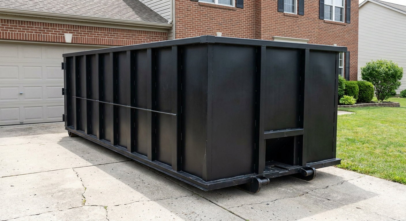 Matte-black 20-yard roll-off container on a Carlsbad residential concrete driveway with reinforced ribbed steel sidewalls and a hinged rear walk-in door, clean bright daylight.