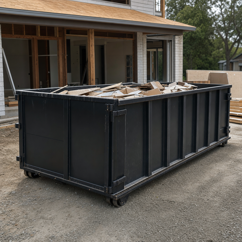 Large matte-black 30-yard construction roll-off dumpster at an active Carlsbad jobsite, steel-gray top rails and bottom rollers visible, loaded with construction debris.