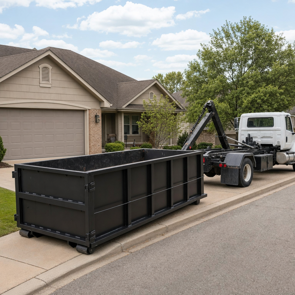 Wide documentary shot of a matte-black roll-off dumpster on a Carlsbad residential driveway in the foreground and a contractor jobsite container in the soft-focus background, bright daylight, calm and orderly composition.