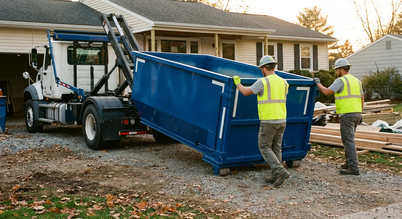 Construction dumpster delivery truck in action in Carlsbad, CA