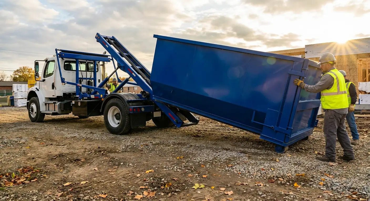Construction dumpster delivery truck at job site in Carlsbad, CA