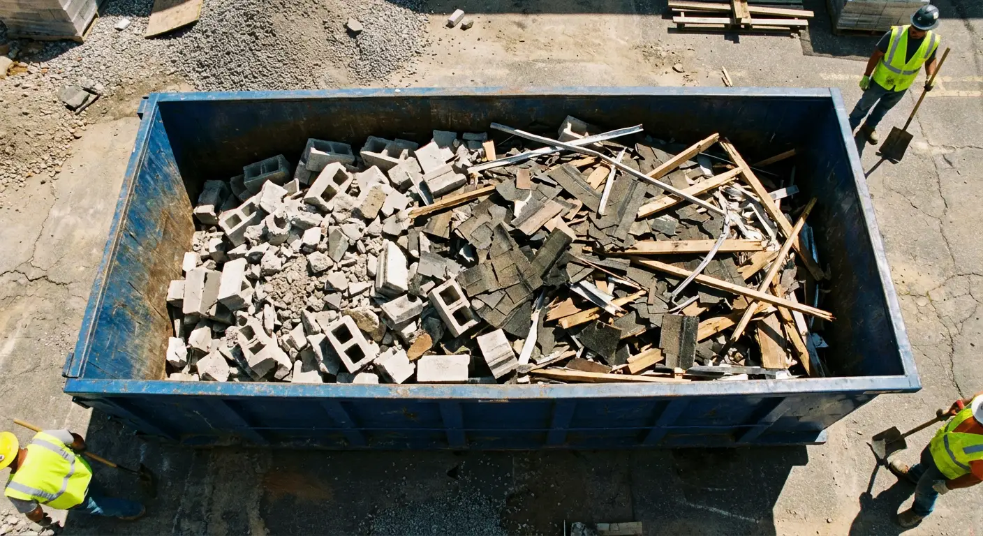 Roll-off dumpster loaded with construction debris in Carlsbad, CA