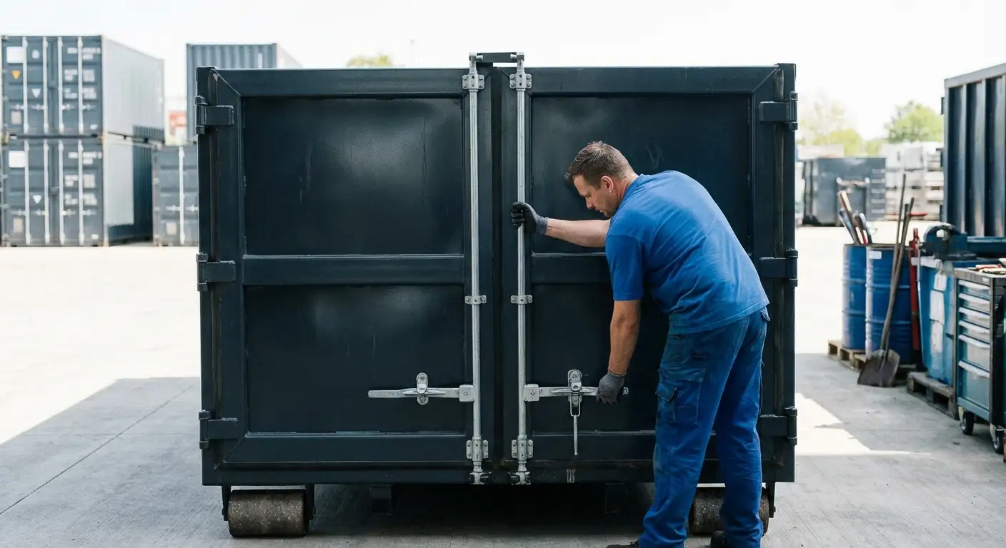 Dumpster walk-in loading door open showing easy access in Carlsbad, CA